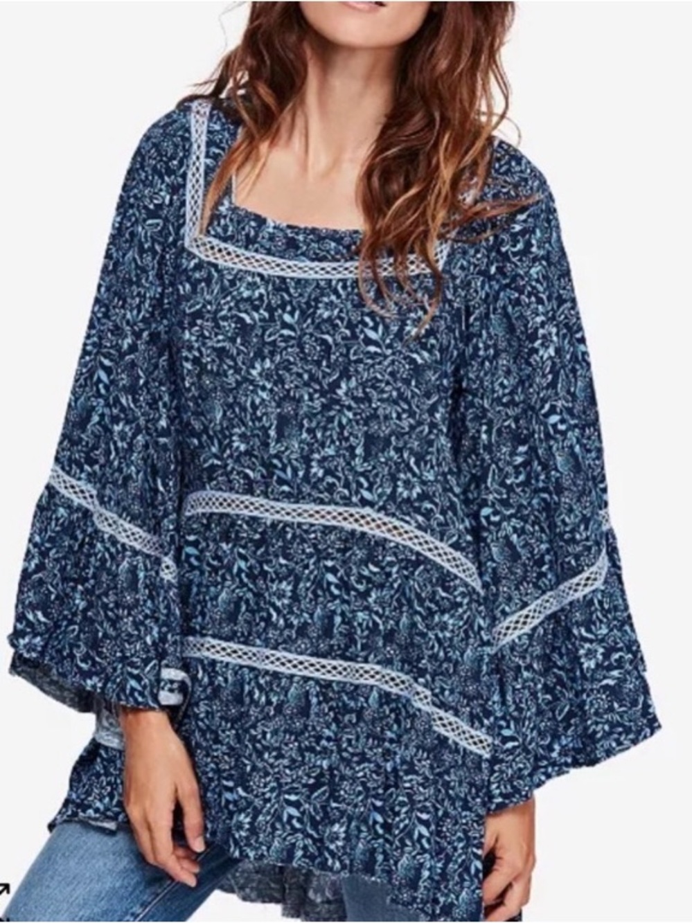 Free People Talk About It 
Boho Navy Floral Lace-Trim Peasant Tunic